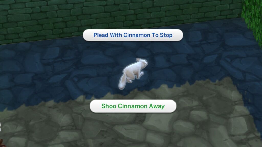 A screenshot from The Sims 4 showing how to shoo away foxes
