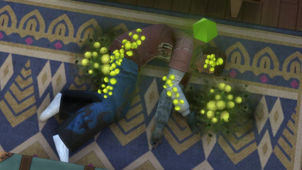 A screenshot from the sims 4 showing a sim laying on the ground covered in mold and mushrooms 