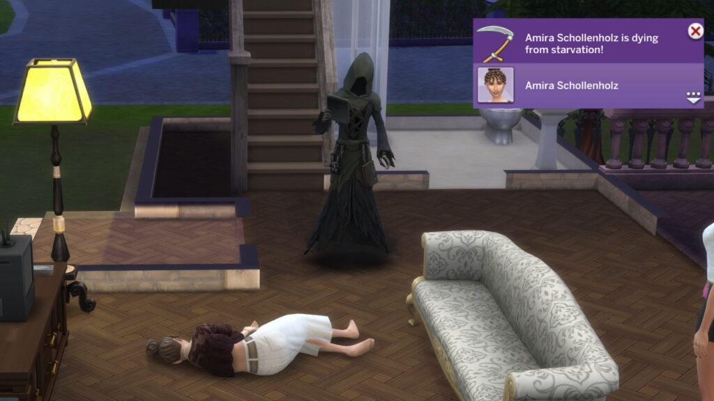 A screenshot from The Sims 4 showing a sim dying from starvation 