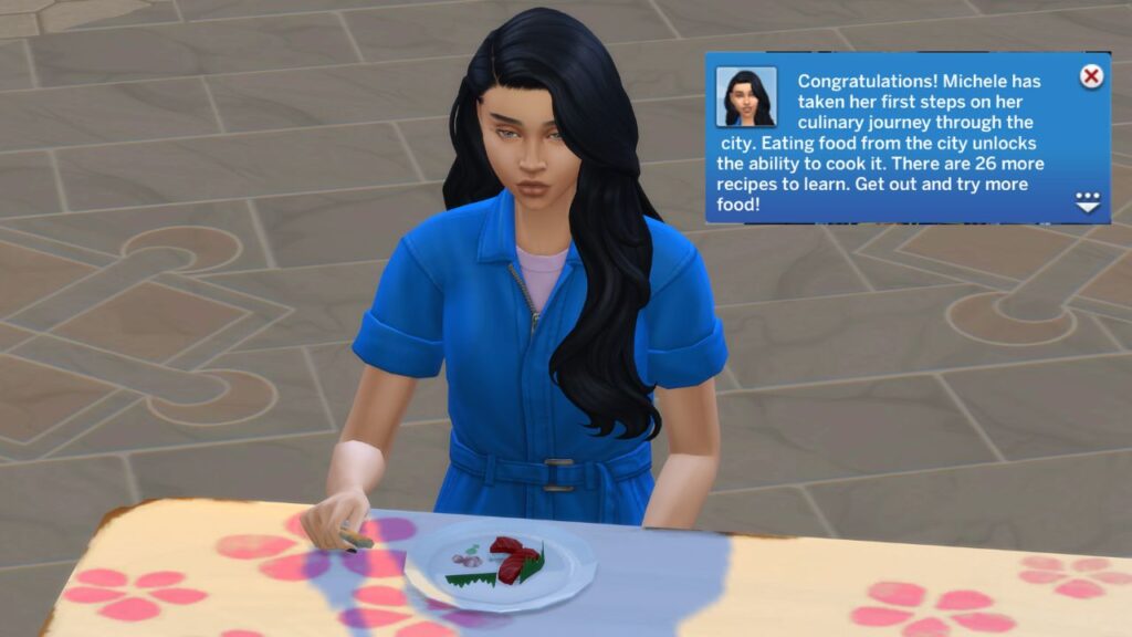 A screenshot from The Sims 4 showing a sim eating and learning about pufferfish nigiri
