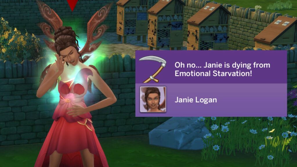 A screenshot from The Sims 4 showing a sim dying from emotional starvation 