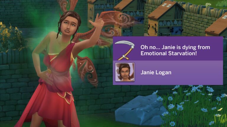 A screenshot from The Sims 4 showing a sim dying from emotional starvation
