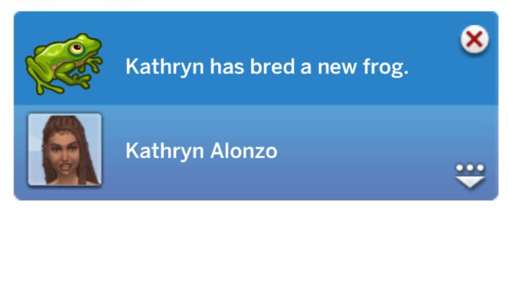 A screenshot from The Sims 4 showing the notification you get when you breed a new frog