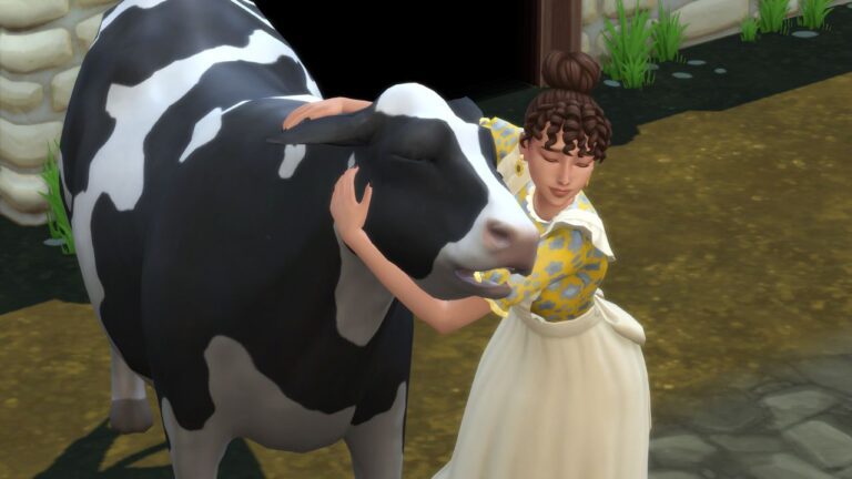 A screenshot from The Sims 4 showing a sim hugging a cow