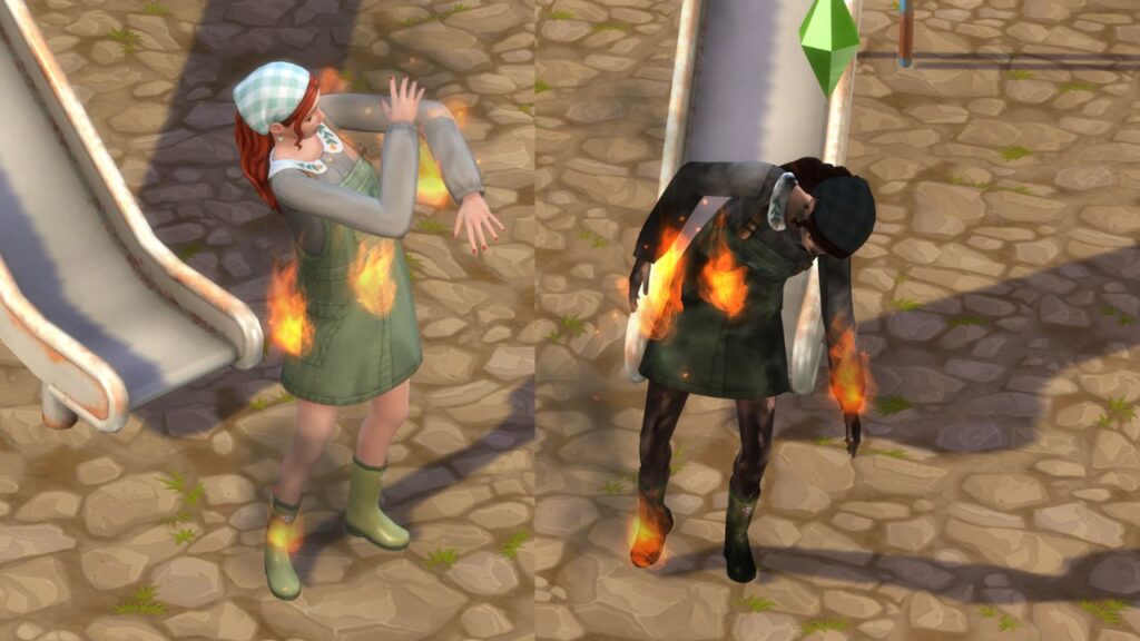 A screenshot from The Sims 4 showing a sim burning in a fire at the bottom of a slide 