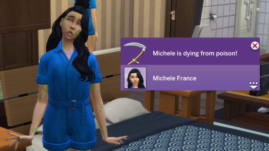 A screenshot from The Sims 4 showing a sim dying from poison