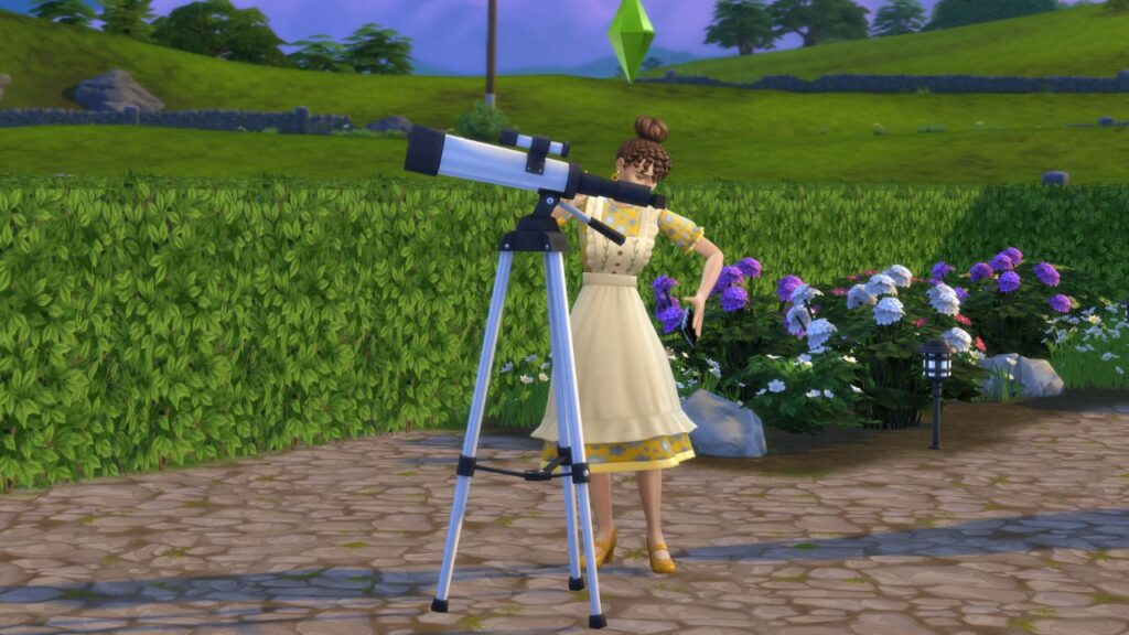 A screenshot from The Sims 4 showing a sim looking into a telescope 