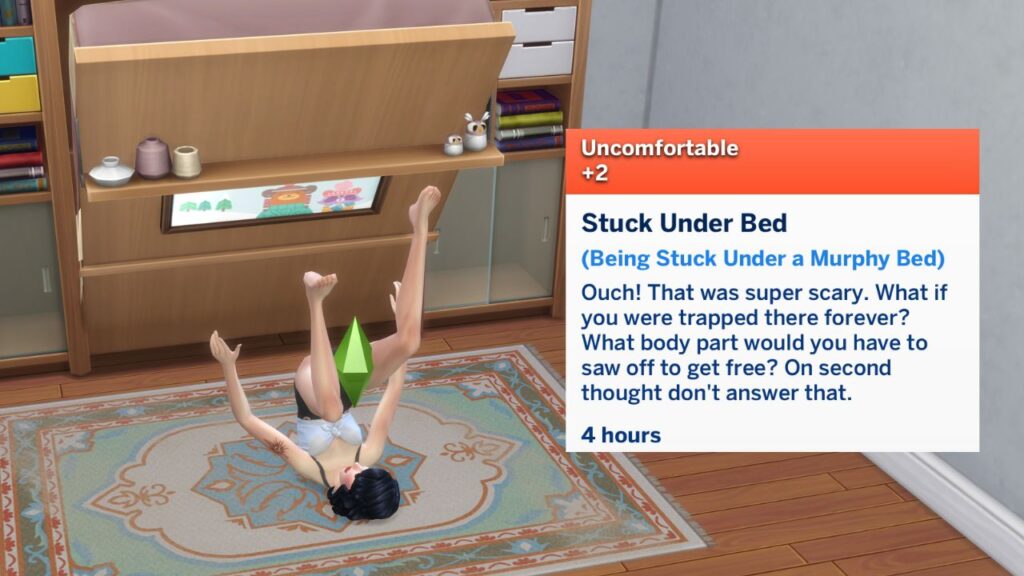 A screenshot from The Sims 4 showing a sim getting squished by a Murphy Bed and the Stuck Under Bed Moodlet 