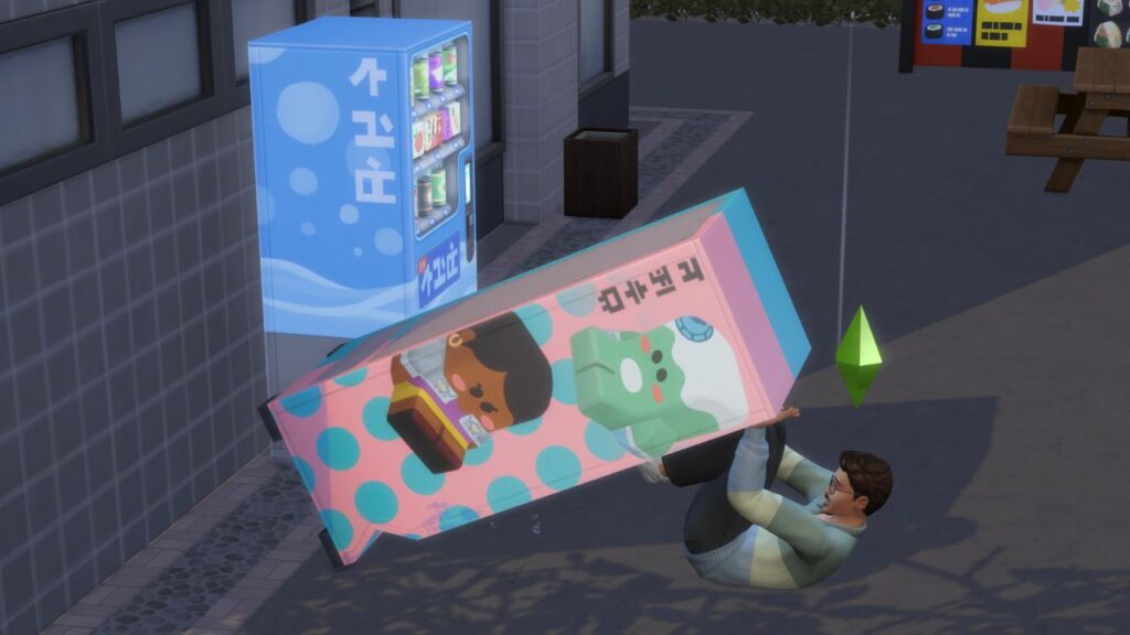 A screenshot from The Sims 4 showing a sim pushing a vending machine off of themselves 