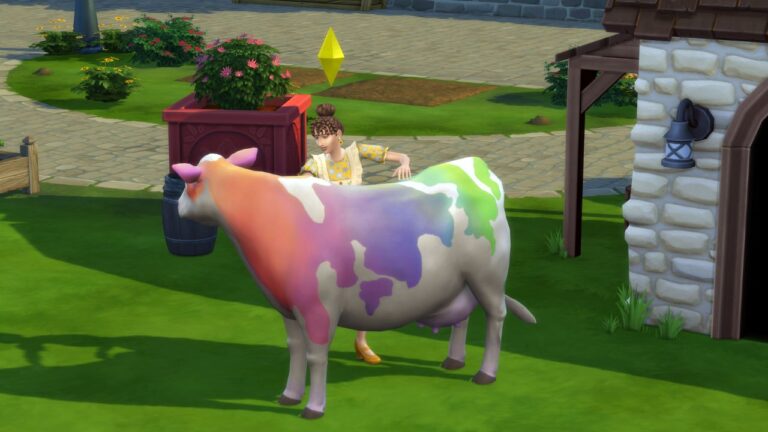 A screenshot from The Sims 4 showing a sim with their cow at the cow competition