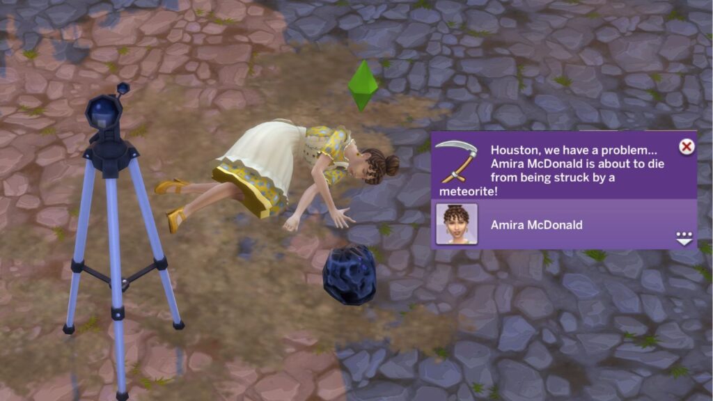 A screenshot from The Sims 4 showing a sim who has died from a meteorite