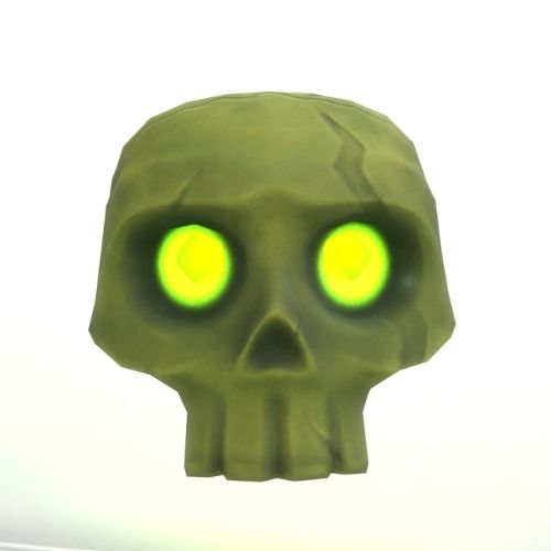 A screenshot from The Sims 4 showing green skull familiar flying with shining eyes