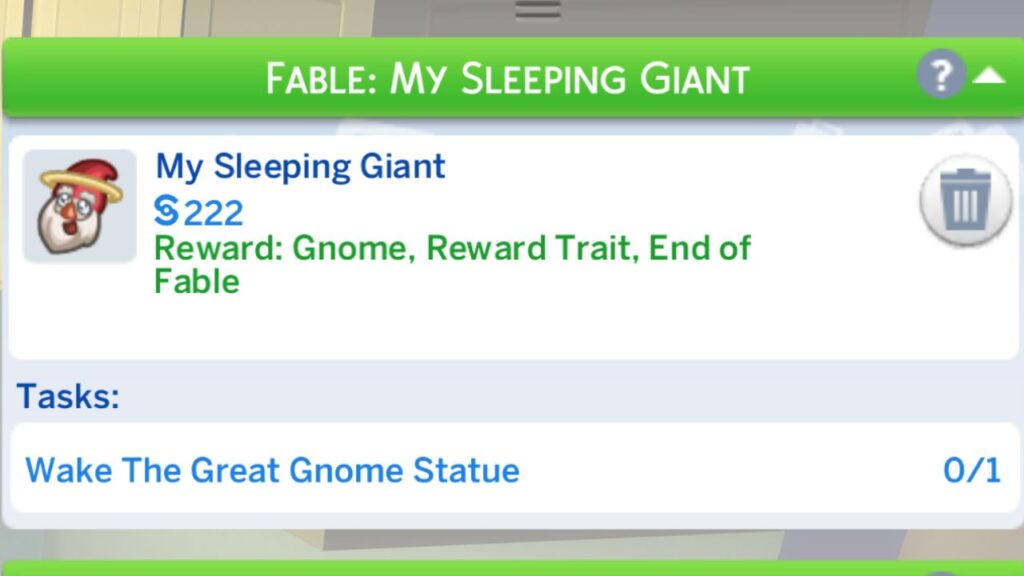 A screenshot from The Sims 4 showing the tasks for the my sleeping giant fable