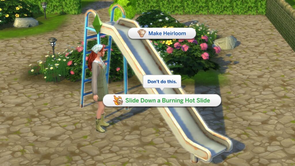 A screenshot from The Sims 4 showing the option to slide down a burning hot slide 