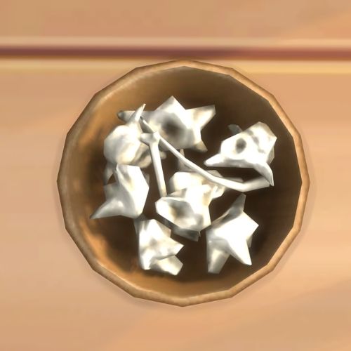A screenshot from The Sims 4 showing a bowl on a wooden floor. Inside the bowl is bones