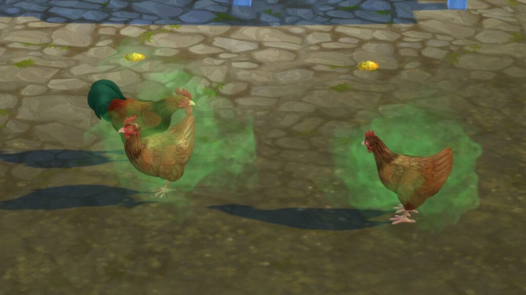 A screenshot from The Sims 4 showing three stinky chickens