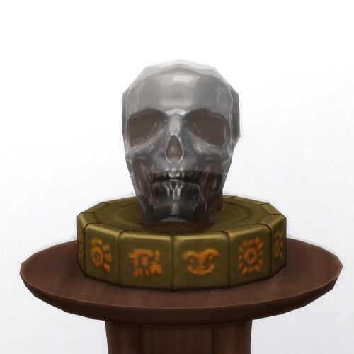 A screenshot from The Sims 4 showing a brown circle table and on top is a skull that's black and smokey looking