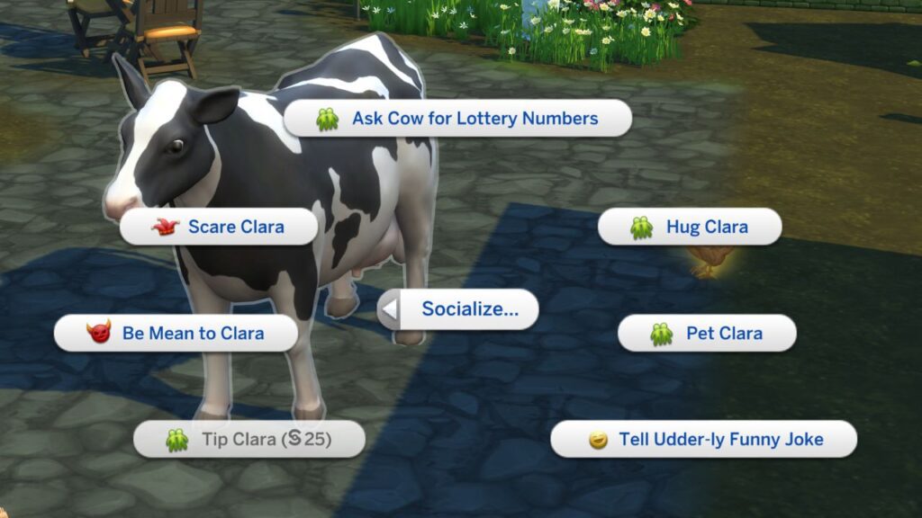 A screenshot from The Sims 4 showing the social interactions with cows