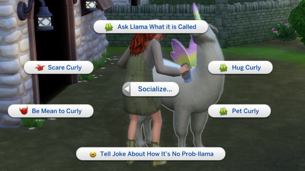 A screenshot from The Sims 4 showing how to socialize with a llama