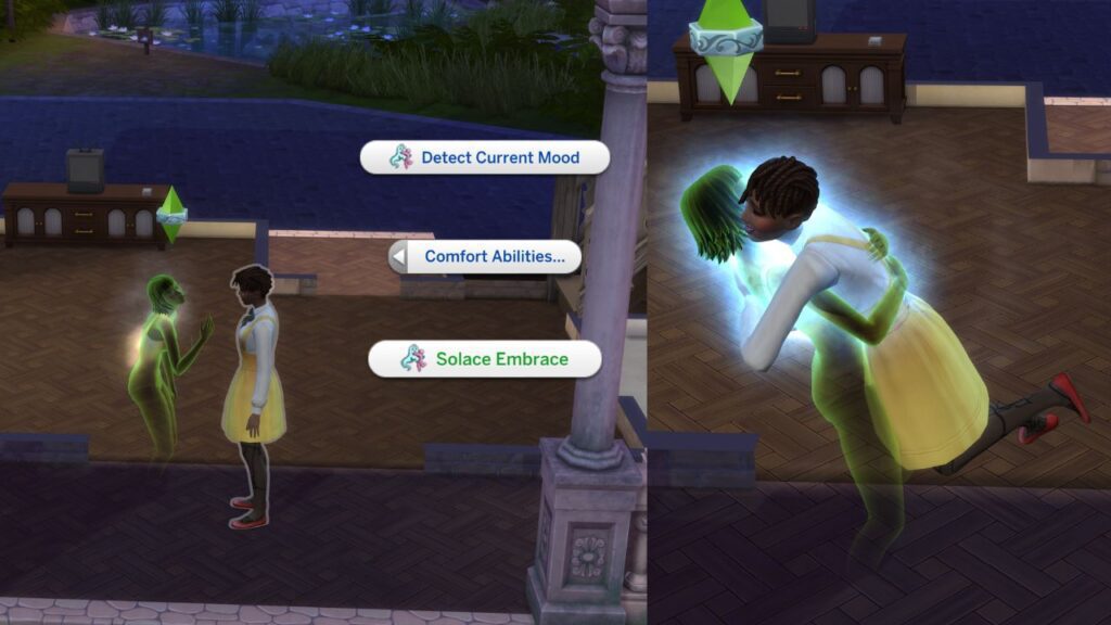 A screenshot from The Sims 4 showing a ghost sim using solace embrace with another sim 