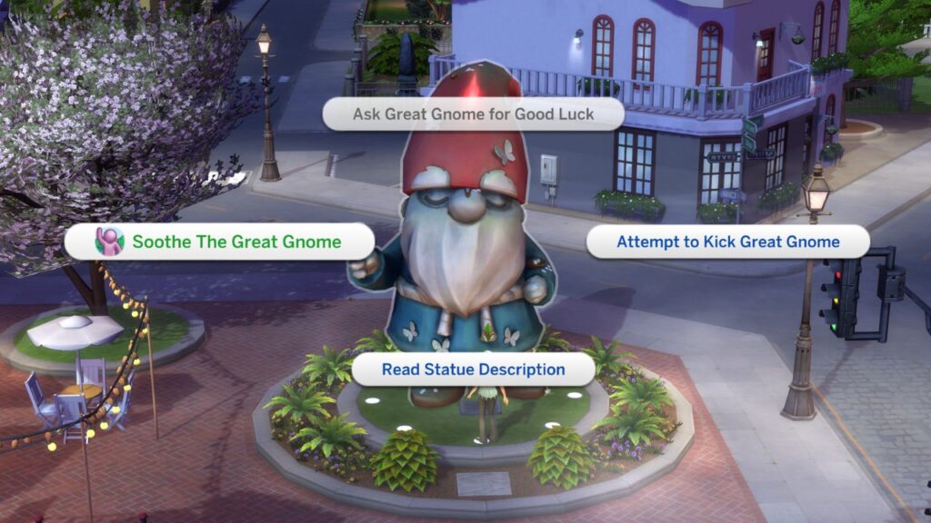 A screenshot from The Sims 4 showing how to soothe the great gnome 