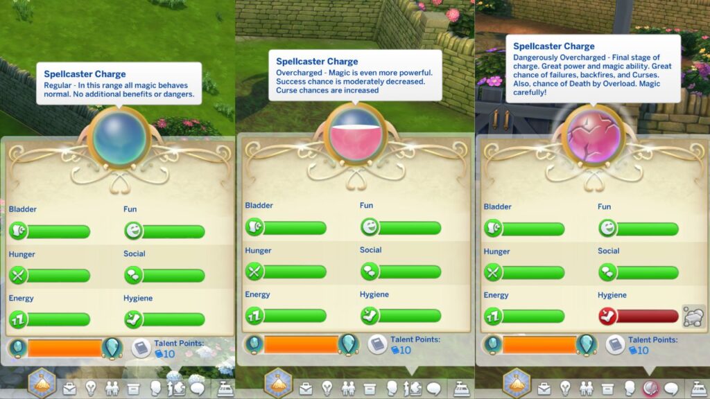 A screenshot from The Sims 4 showing the stages of spellcaster charge 
