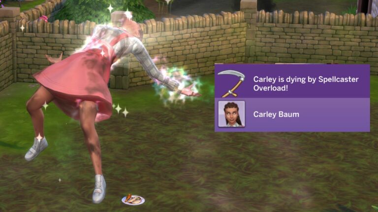 A screenshot from The Sim 4 showing a sim dying from spellcaster overload