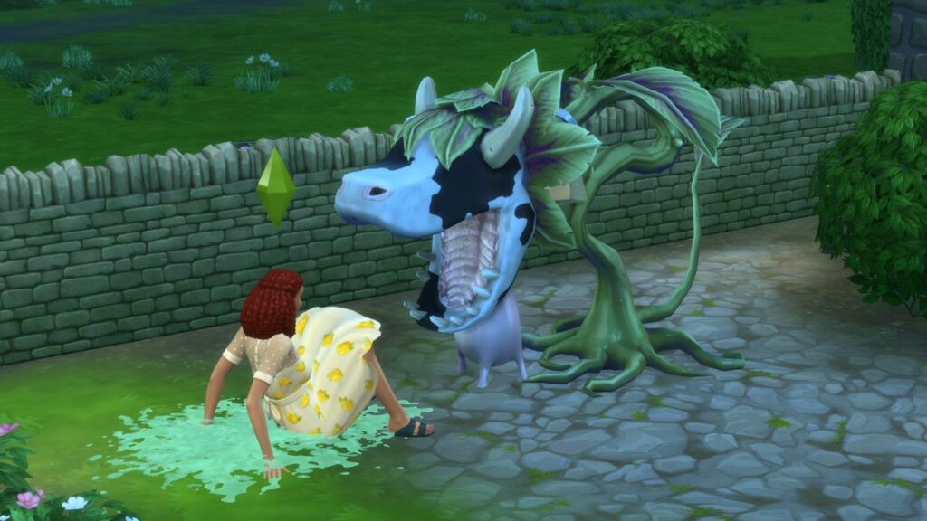 A screenshot from The Sims 4 showing a cowplant spitting out a sim 