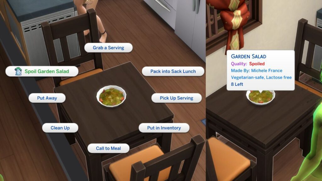A screenshot from the sims 4 showing how a mold sim can spoil a meal 