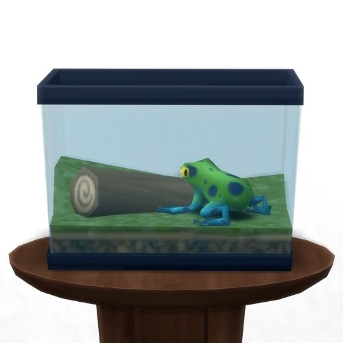 A screenshot from The Sims 4 showing a circle table with a terrarium on top and a spotted leaf frog inside