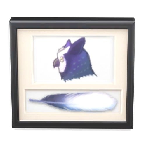 A screenshot from The Sims 4 with a black frame. Inside the frame is a picture of a spotted sixam bird with its feather underneath