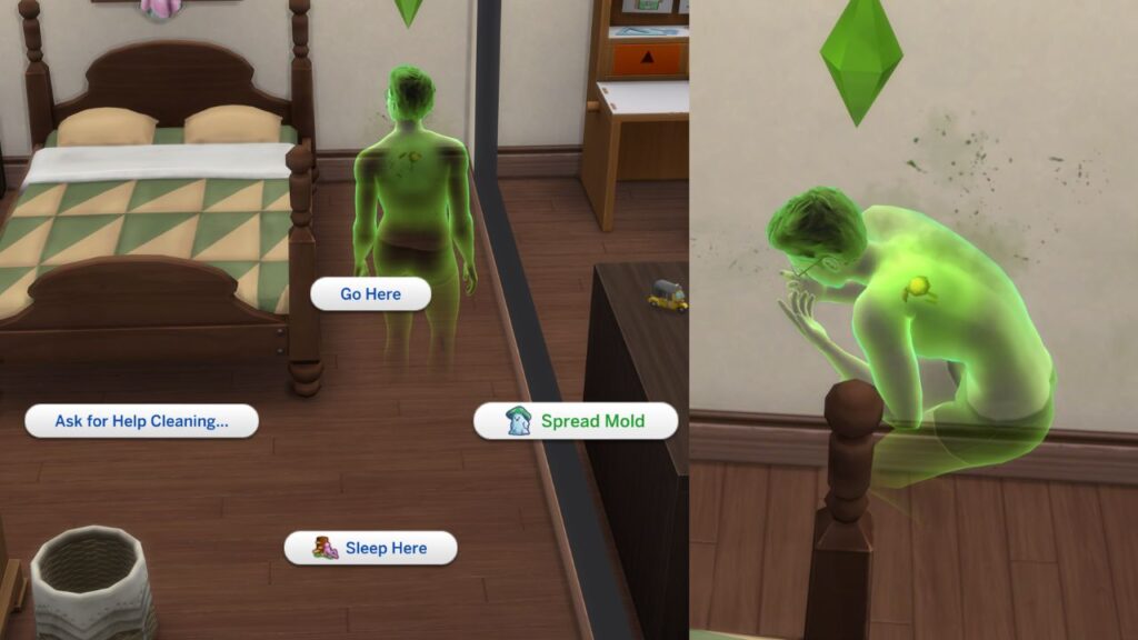 A screenshot from the sims 4 showing how a mold ghost can spread mold 