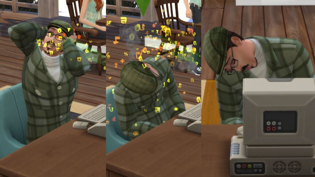 A screenshot from The Sims 4 showing a sim having a catastrophic meltdown