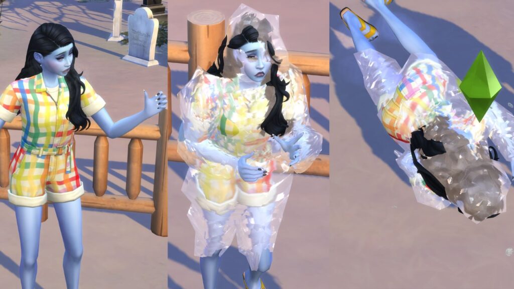 A screenshot from The Sims 4 showing the stages of a sim freezing to death 