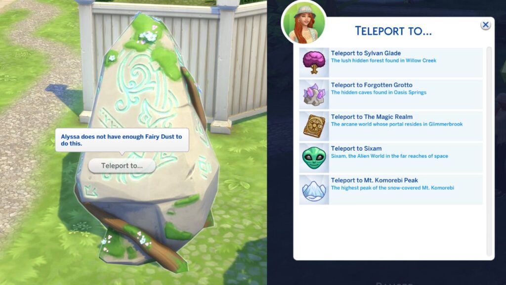 A screenshot from The Sims 4 showing how to use a starseed teleporter 