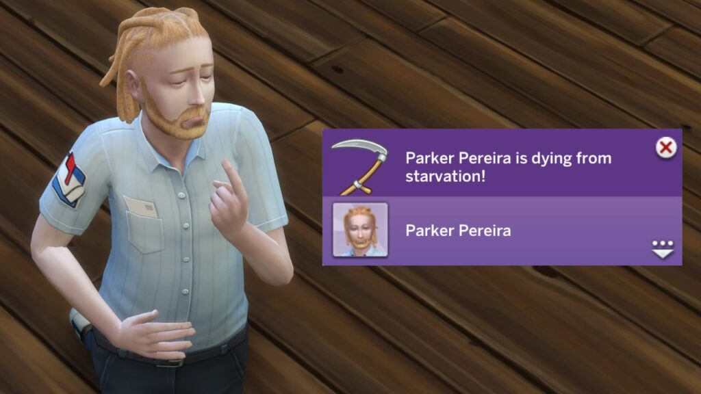 A screenshot from The Sims 4 showing a sim on their knees pointing at their mouth