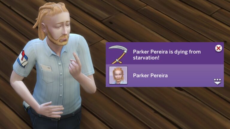 A screenshot from The Sims 4 showing a sim on their knees pointing at their mouth