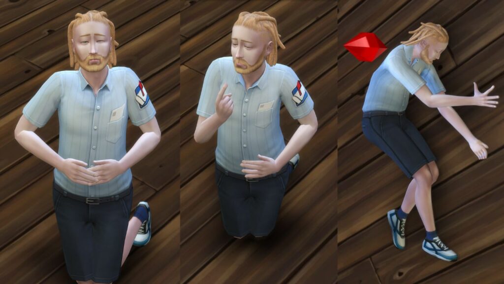A screenshot from The Sims 4 showing the stages of a sim dying from starvation 