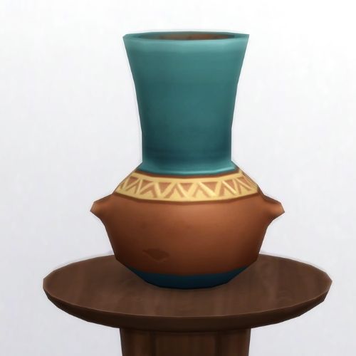 A screenshot from The Sims 4 showing a brown circle table and on top is a blue and stone vase