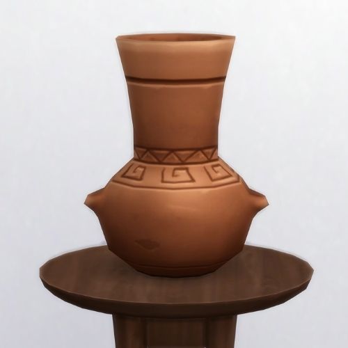 A screenshot from The Sims 4 showing a brown circle table and on top is a terracotta vase
