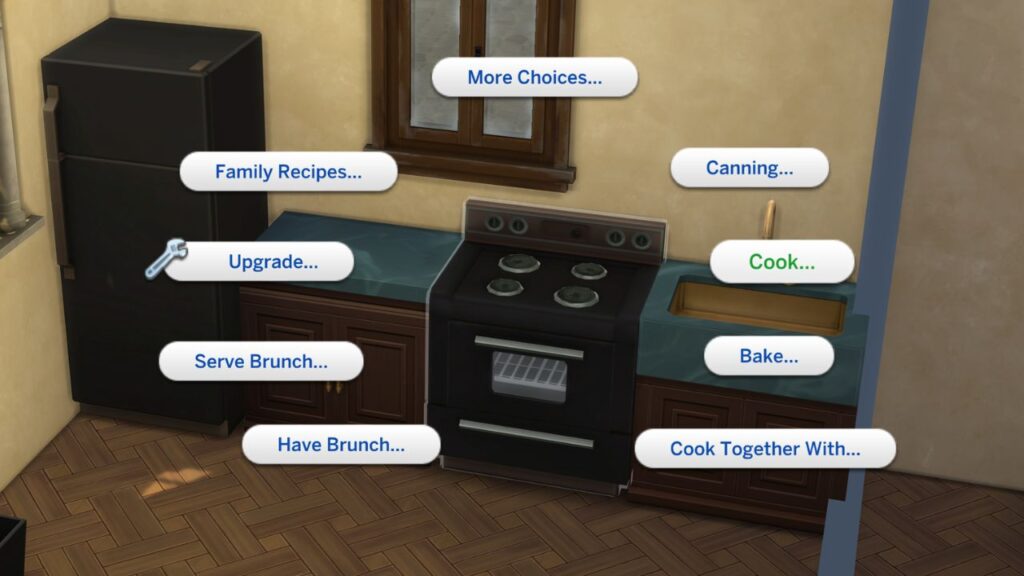 A screenshot from The Sims 4 showing how to bake a cake on a stove