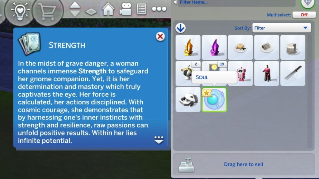 A screenshot from The Sims 4 showing a sim earning the strength tarot card and a soul 