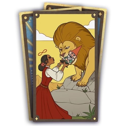 A set of three cards, the bottom two are face down. The top card has a woman pulling a gnome from a lion's mouth