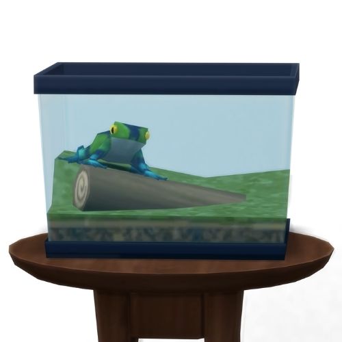 A screenshot from The Sims 4 showing a circle table with a terrarium on top and a striped leaf frog inside