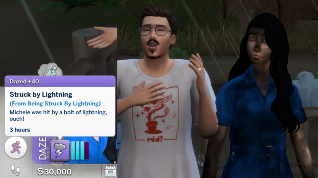 A screenshot from The Sims 4 showing a +40 Dazed moodlet called "Struck by Lightning" and a sim who is singed 