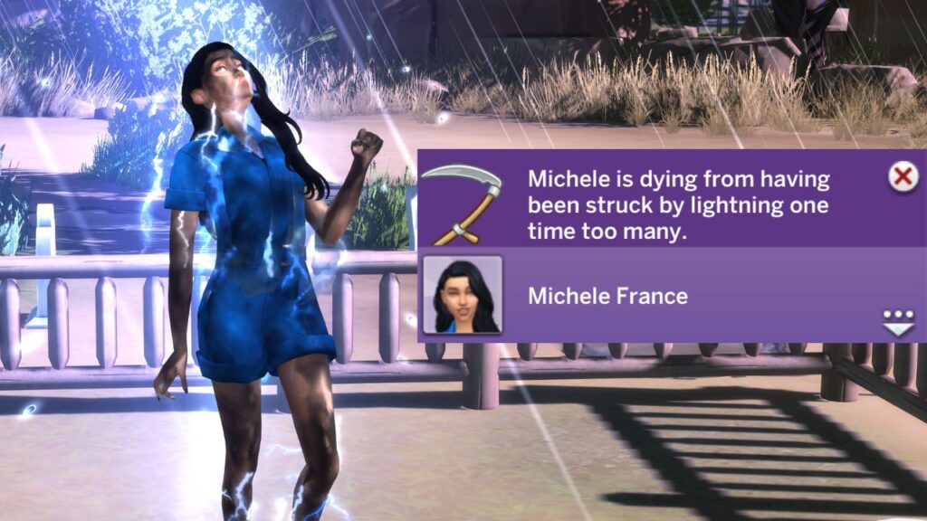 A screenshot from The Sims 4 showing the death by lightning