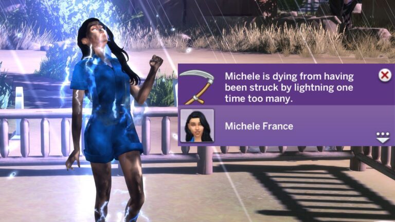 A screenshot from The Sims 4 showing the death by lightning