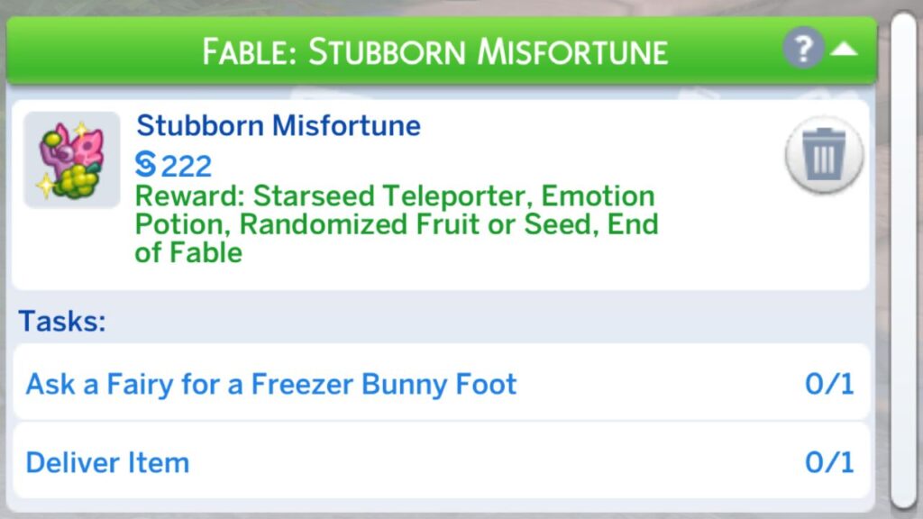 A screenshot from The Sims 4 showing the Stubborn Misfortune fable tasks