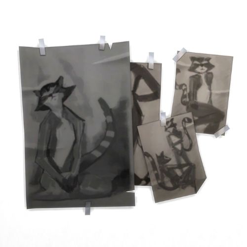 A screenshot from The Sims 4 showing a piece of art with four images taped to a wall of racoons drawn in charcoal