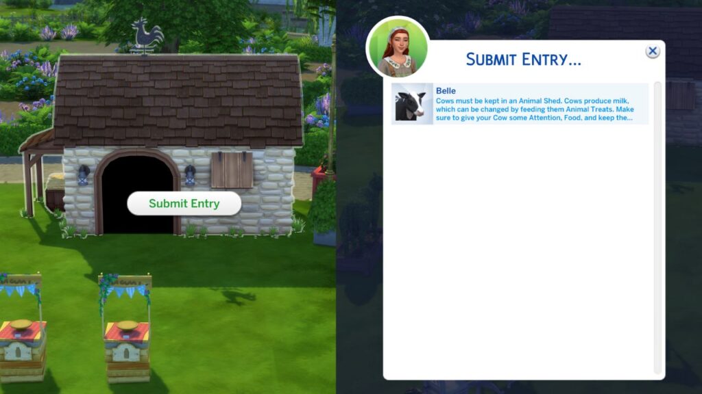 A screenshot from The Sims 4 showing how to enter a cow in the cow competition 